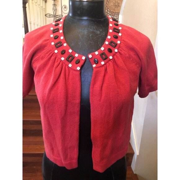 Ann Taylor Loft Crop Open Sweater Top Orange Embellished Neckline Cotton Sz.XS - Picture 1 of 6